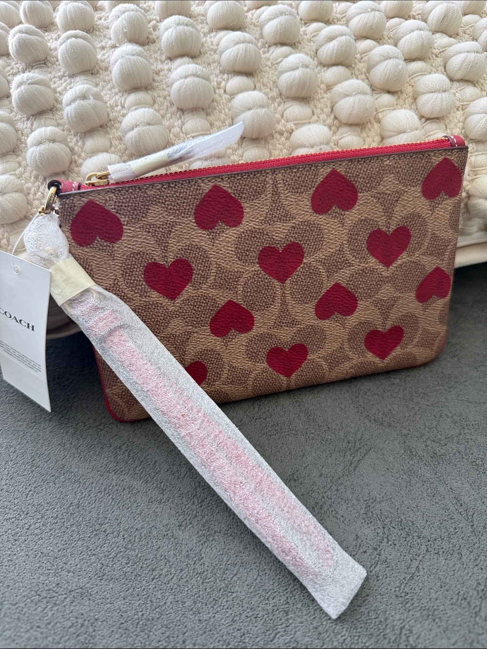 Coach Brown Canvas Wristlet with Red Heart Print